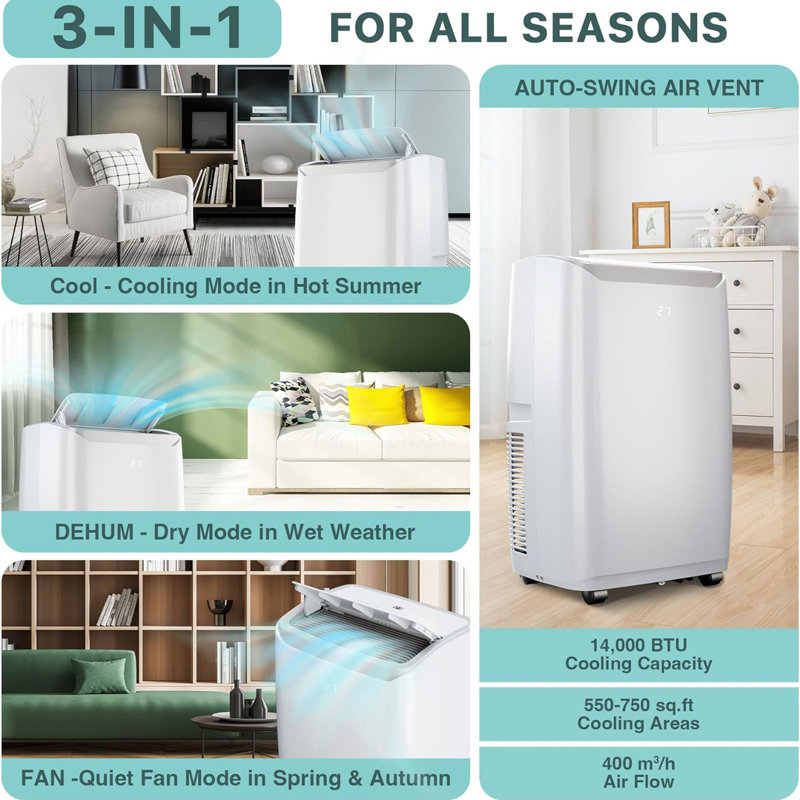 Climatiseur portatif 14 000 BTU, climatisation rapide avec déshumidificateur / ventilateur / modes de sommeil jusqu'à 750 pieds carrés, unité de climatisation au sol avec télécommande, minuterie 24H, roues mobiles, filtre lavable pour la chambre à 