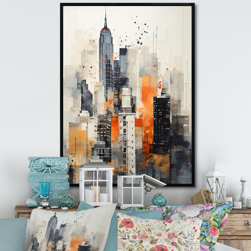 «Kirol Orange Grey Minimalisme Urban Rhythm II», reproduction sur toile, Cadre flottant noir, H 32 po x l 16 po x P 1 po