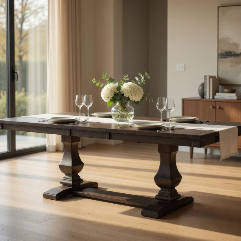 Table de salle à manger extensible Kely, plateau brun foncé de 76 à 94 pouces, base à tréteaux