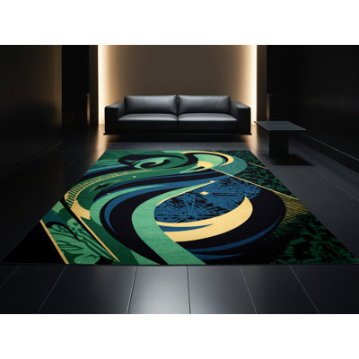 Tapis abstrait doux et moelleux à motif éclectique bleu et noir Dykstra Loki