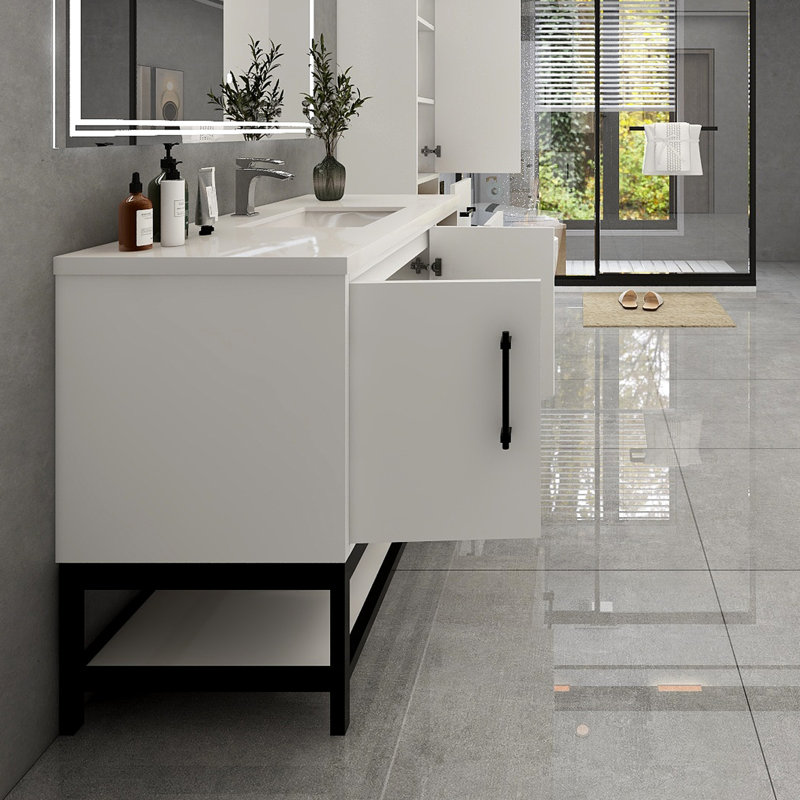 Meuble-lavabo mural droit avec évier et support en acrylique renforcé Victoria, Blanc lustré