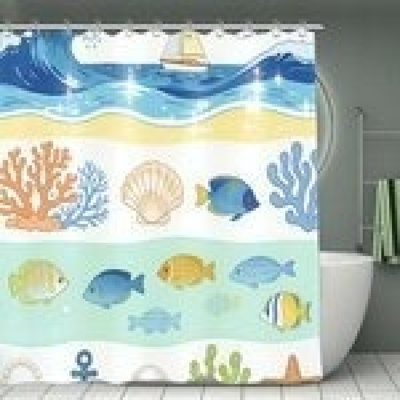 72X72 Inch Layered Ocean Elements Bath Curtain, Bathtub Shower Divider