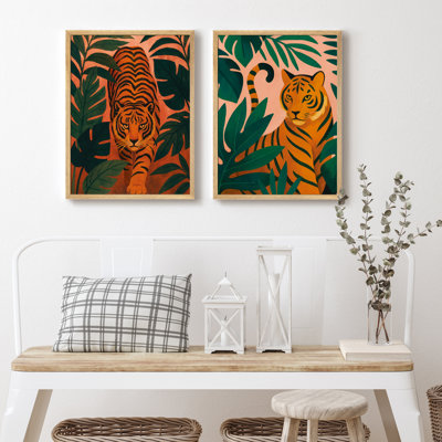 Jungle Tiger Wall Art Print Set - Bold Tropical Wildlife Illustration Framed 2-Piece Set for Eclectic Living Room or Office Decor