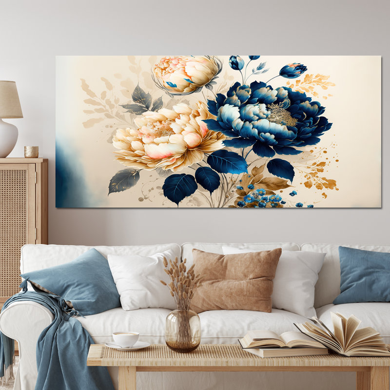 «Blue and Gold Floral Bunch II», impression sur toile, Toile tendue, 30" H x 40" W
