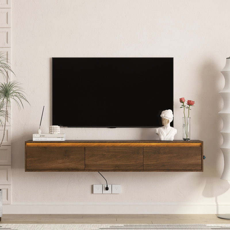 Meuble télé mural flottant avec lumières DEL et prise de courant, console média ultrabrillante pour le salon | Idée de cadeau