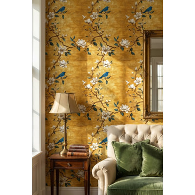 Papier peint floral, oiseaux magnolias