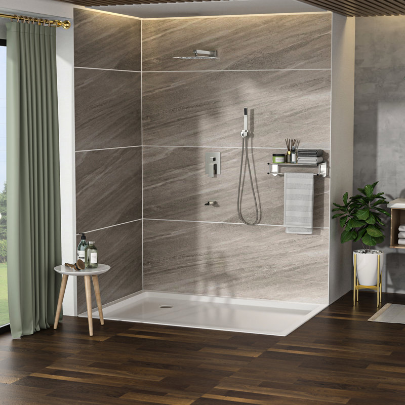10" Wall Mounted Square Shower In Brushed Nickel - Waterfall Tub Spout, 3 Function, Rainfall Shower, Handheld Facility System Head, Appliance Kit