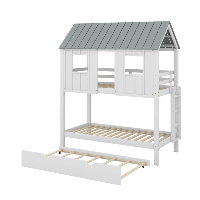 Twin Size House Bunk Bed With Trundle,Roof And Windows