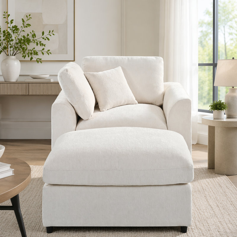 Ensemble de méridienne moderne avec tissu en chenille doux, structure en bois massif et repose-pieds, L 44,1 po x P 36,6 po