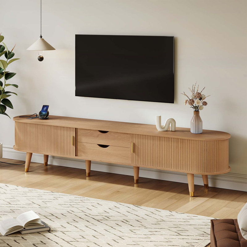 Console média Mid-Century avec porte tambour coulissante, Naturel