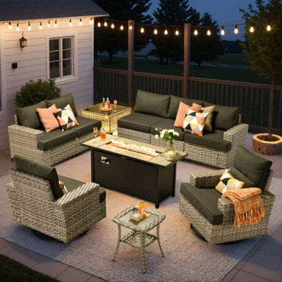 7-Person All Weather Wicker Outdoor Sectional with Swivel Rockers, LED Coffee Table, Fire Pit