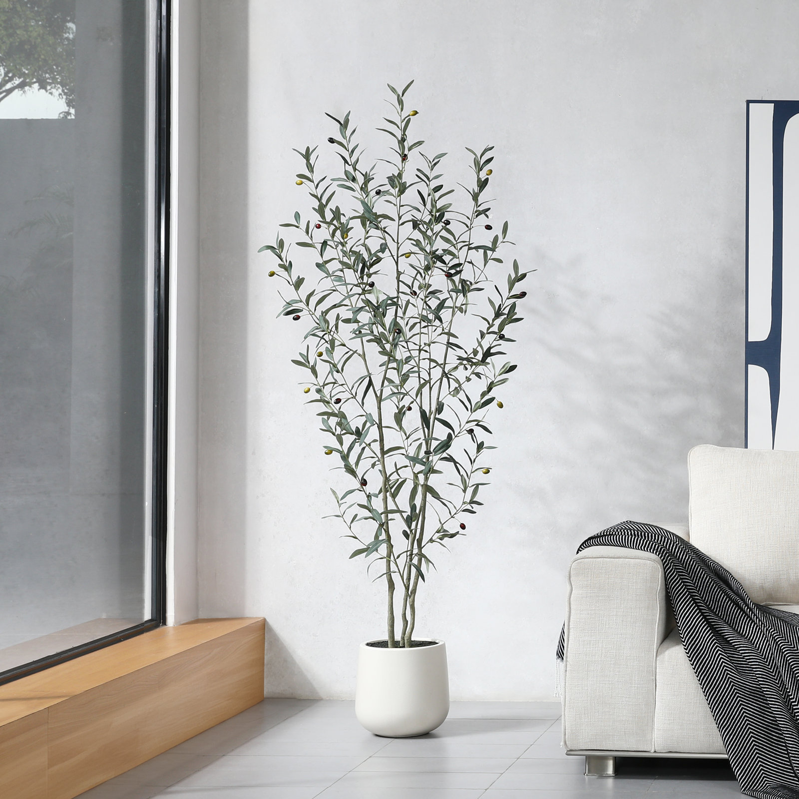 George Fake Plastic Olive Tree with Oval White Planter, Pre Potted Faux Greenry Plant for Home Decor, 72" H x 24" W x 24" D