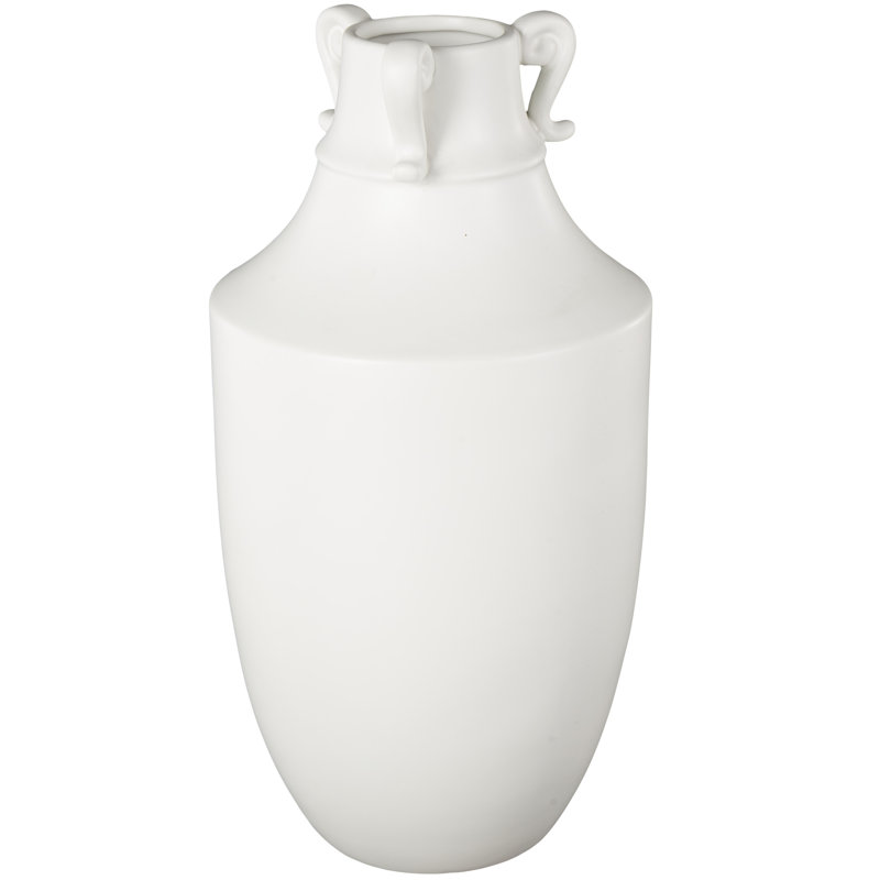 Yolando Ceramic Sleek Amphora Decorative White Vase with Scroll Handles, 18.25" H x 9.2" W x 9.2" D