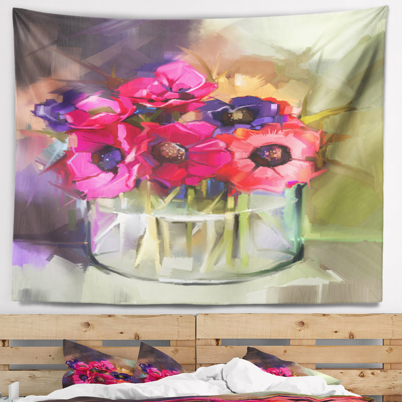 Tapisserie florale rouge, H 50 po x l 60 po