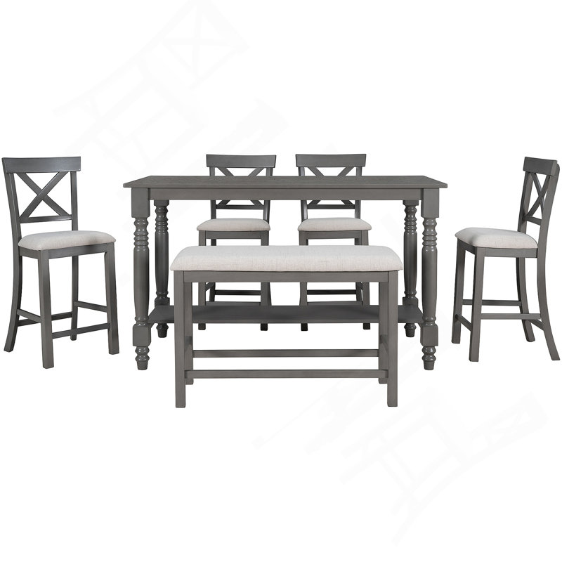 Ensemble de table de salle à manger 6 pièces à hauteur de comptoir avec tablette pour salle à manger, Gris