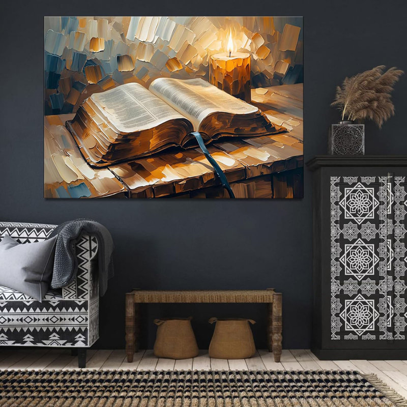 Une bible ouverte et une bougie suspendue au mur, une affiche sur toile chrétienne, une décoration religieuse convenant aux salles de prière, aux églises et aux maisons; Une œuvre d'art murale encadrée. (Encadré, 16 po x 24 po)