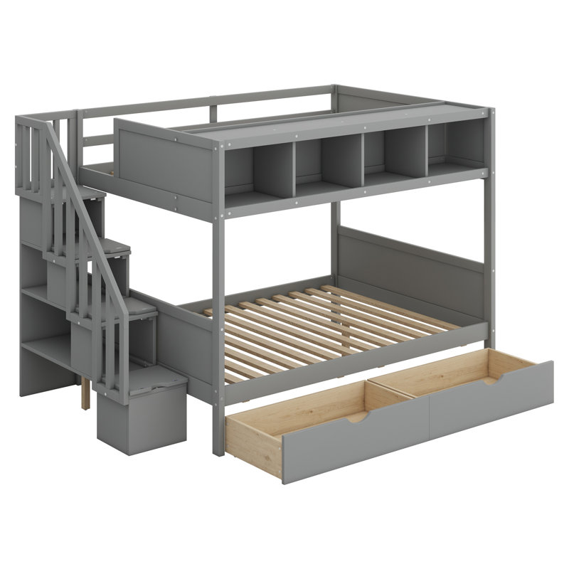 Bunk Bed With Shelfs,Storage Staircase And 2 Drawers, Gray