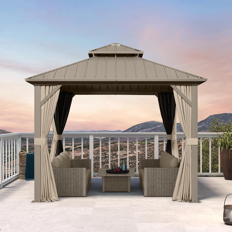 PURPLE LEAF 10' X 10' Hardtop Gazebo, Champagne Outdoor Aluminum Gazebo With Galvanized Steel Double Roof, Curtains And Netting For Patio Lawn And Garden
