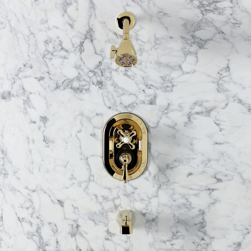 Kingston Brass Restoration Double-Handle 3-Hole Thermostatic Tub and Shower Faucet with Plunger Diverter, Polished Brass