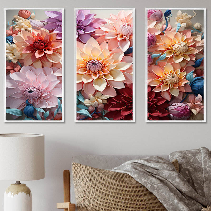 Dahlia Reflection Flowers Field - ensemble d'art mural sur toile Flower Field, Cadre flottant blanc