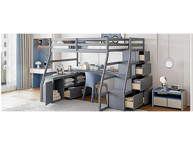 Lit mezzanine double avec 7 tiroirs, 2 tablettes et un bureau, Gris