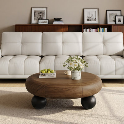 Modern 11.8" Round Walnut Coffee Table With Hidden Storage Drawer & Black Sphere Legs