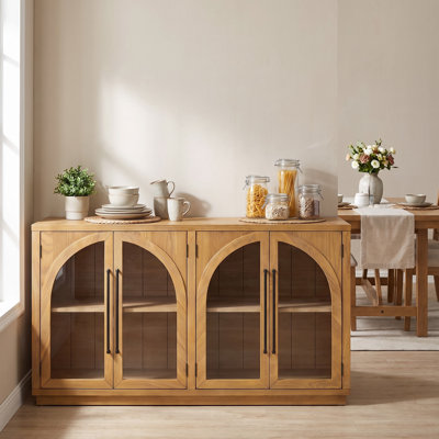 Buffet rétro à 4 portes avec portes vitrées cintrées, fini filigrané et étagères réglables sur 3 niveaux – Grand buffet de rangement pour la cuisine, la salle à manger et le salon