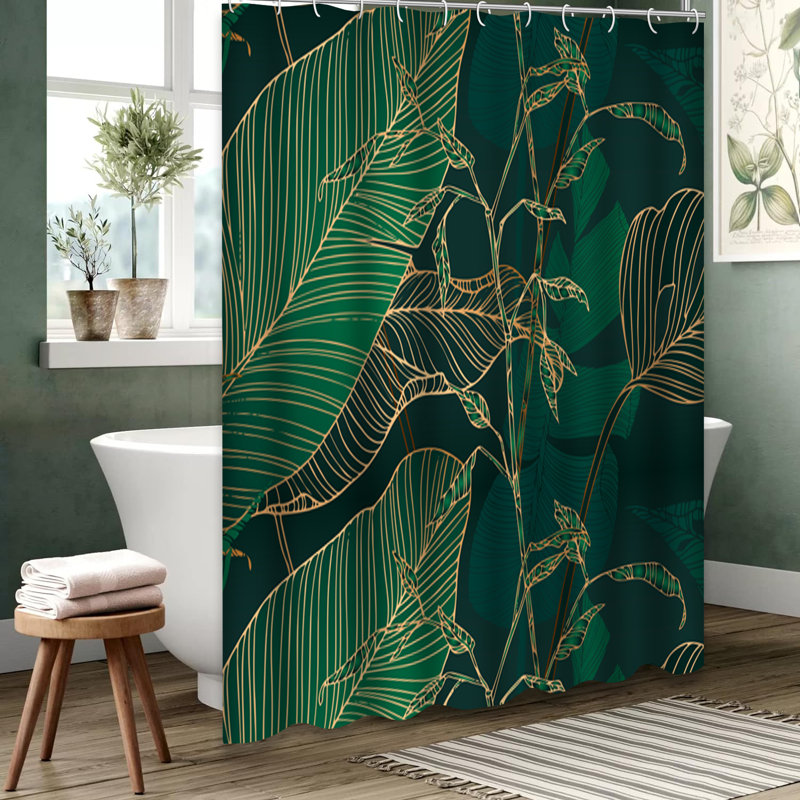 Rideau de douche doré à motif de feuilles de palmier avec 12 crochets, L 72 po x l 78 po