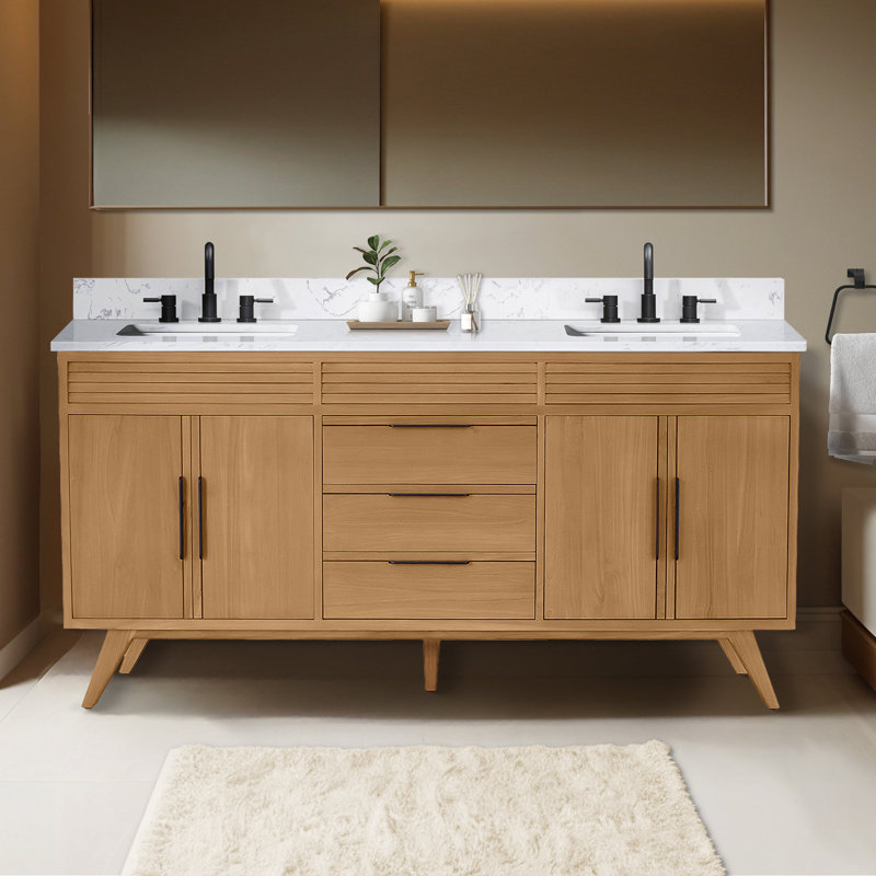 Hoult 72 in. Natural Teak Double Bathroom Vanity with Engineered Stone Top