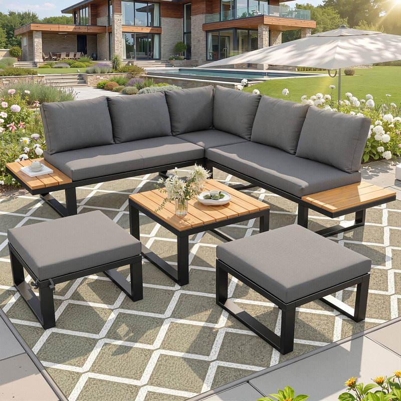 6-Piece Outdoor Lounge Set, L-Shaped Sofa With Coffee Table & Cushions, Grey