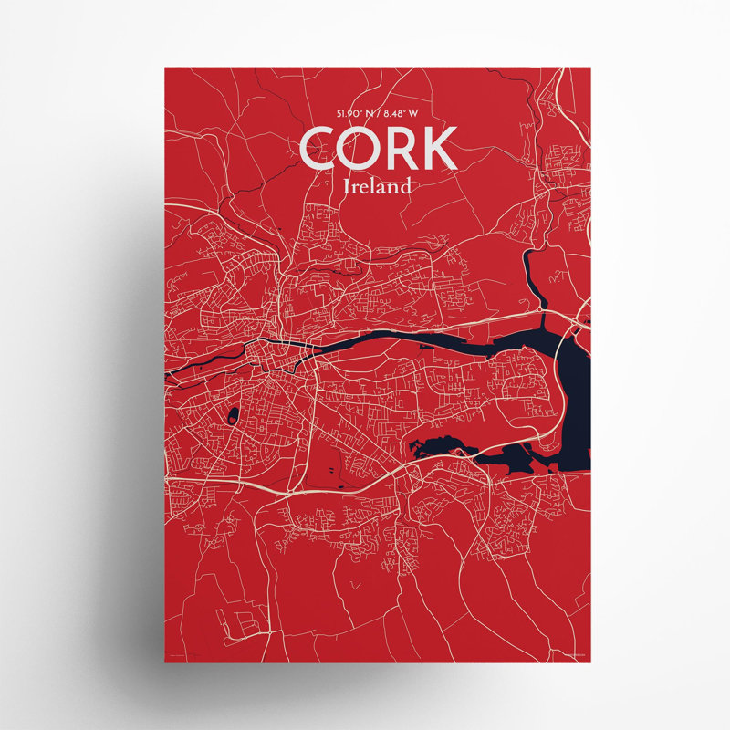 Cork City Map, impression, Rouge / bleu marine, H 27,6 po x l 19,7 po
