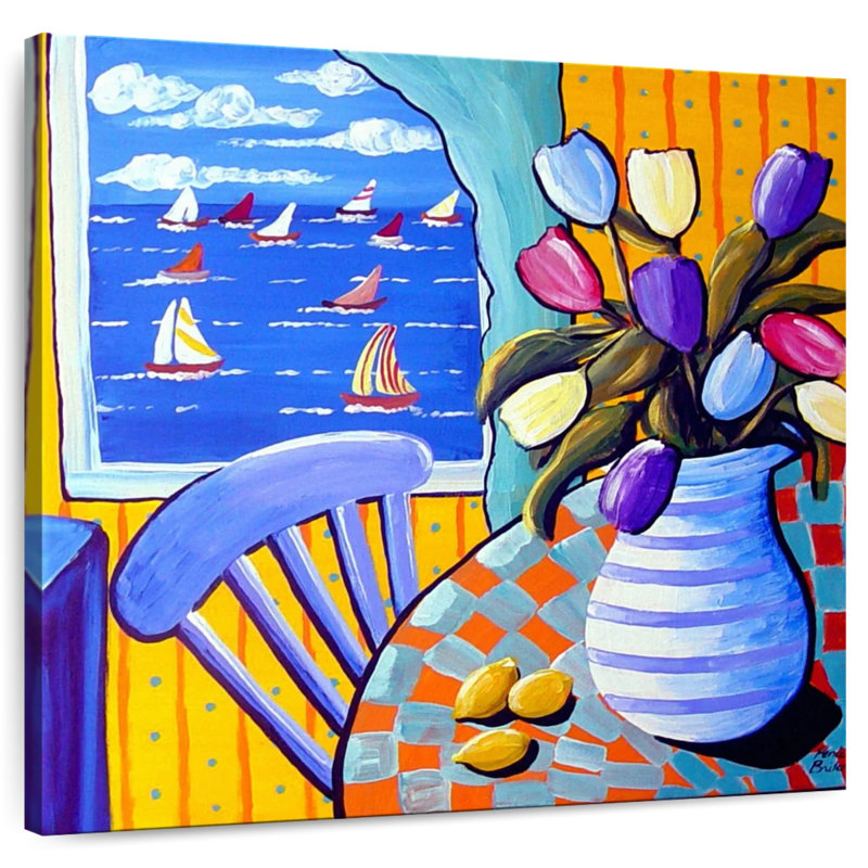Chaise bleue Harnek et tulipes