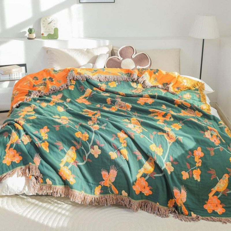 Housse de couette 100% coton DONEUS Boho, Lit double, Vert / motif floral orange