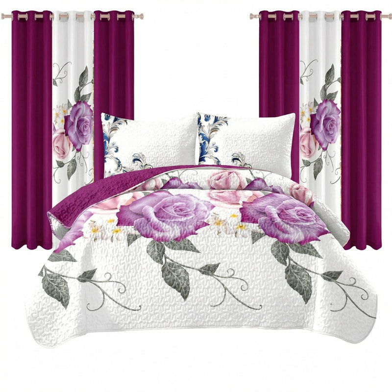 Ensemble de literie et de rideaux à motif floral mauve pour grand lit 9 pièces (grand) - Couvre-lit matelassé en microfibre + voilages