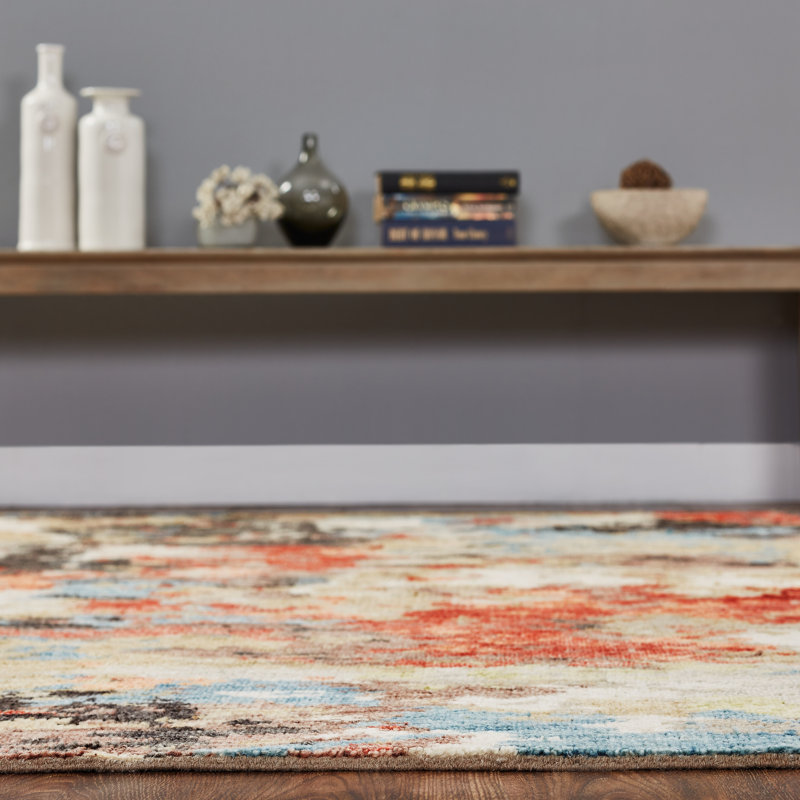 Duson Hand Knotted Wool Abstract Area Rug in Tan, Rectangle 4' x 6'