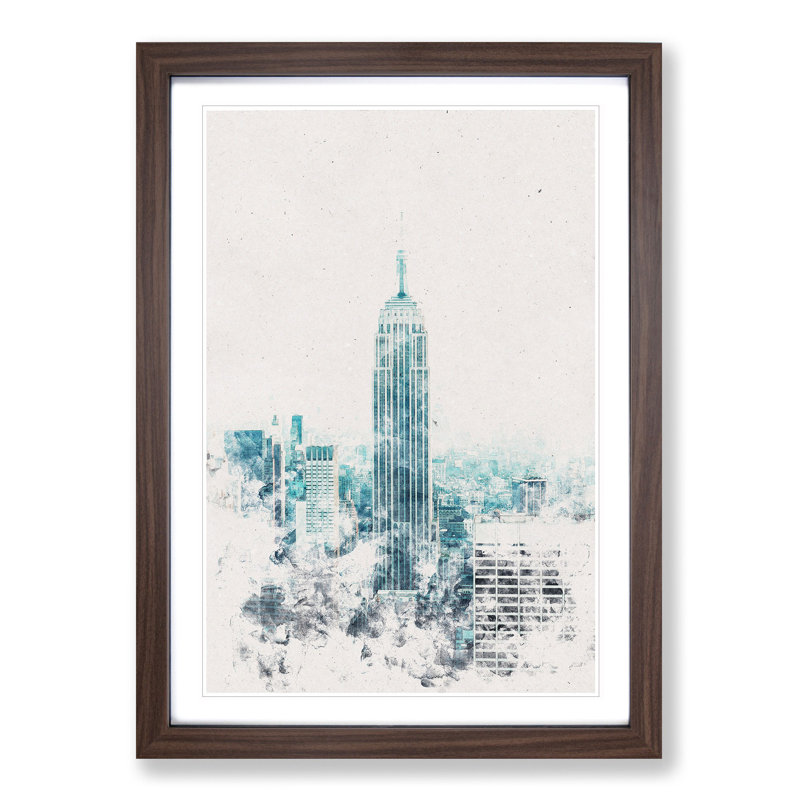 Empire State Building In New York Watercolour - Picture Frame Graphic Art, Walnut Framed, 33cm H x 24cm W x 2cm D