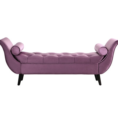 Purple Upholstered Velvet Bench With 2 Cylindrical Bolster Pillows, Rolled Arms And Solid Oak Legs For Bedroom Decorative Essence Ambiance Enhancement