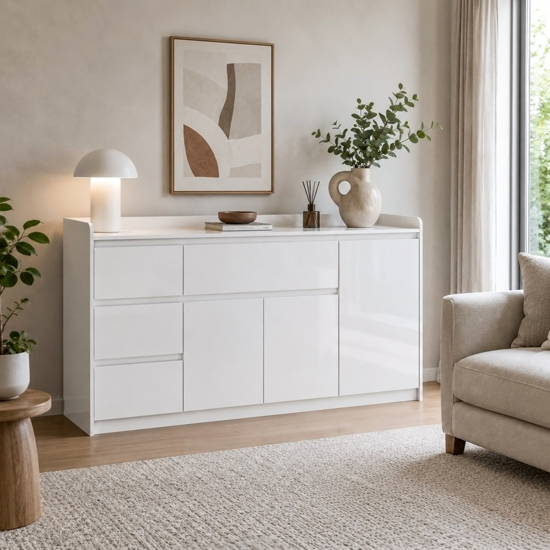 143cm High Gloss PET Sideboard with 4 Drawers & 2 Cabinets - Handle-free White Dresser