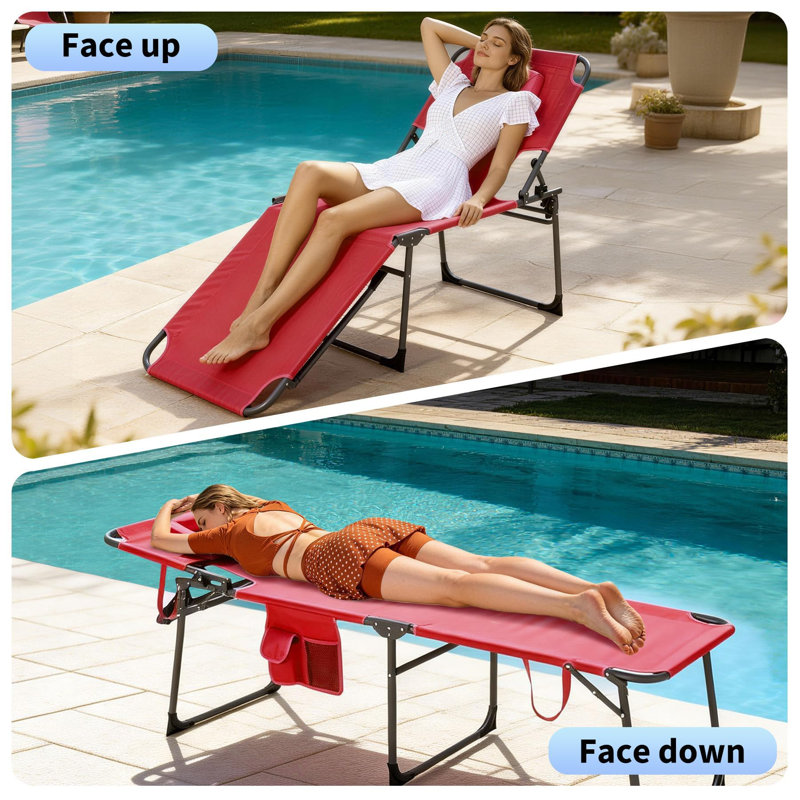 Qeetex Comfortable Folding Patio Tanning Chair with Face Hole – 5-Position Adjustable Backrest, Pillow, Side Pocket, Portable Outdoor Chaise Lounge for Garden, Poolside, Beach, Backyard – Red