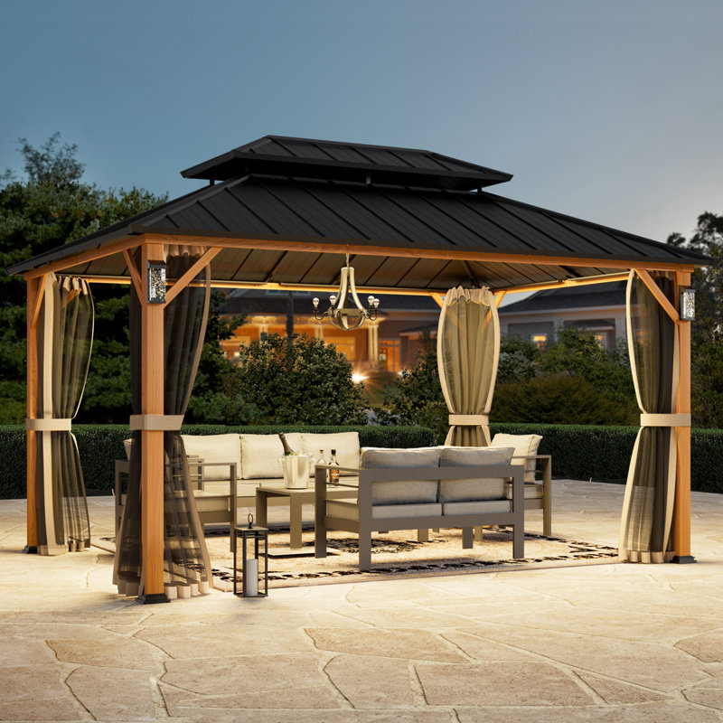 Horizon 10' x 12' Hard Top Gazebo With Solar Self Powered LED Lights, Mosquito Netting and Canopy Hook, Brown