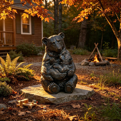 Statue d'ours et son petit en bronze antique de 48 cm (19 pouces), figurine réaliste, ornement décoratif pour jardin, porche, pelouse, terrasse, allée.