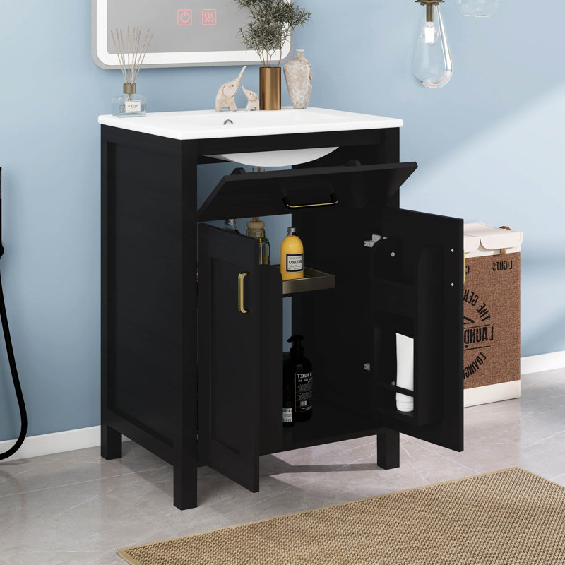 Meuble-lavabo 24 po avec lavabo, petite armoire avec 2 portes à fermeture en douceur, meuble-lavabo simple avec rangement