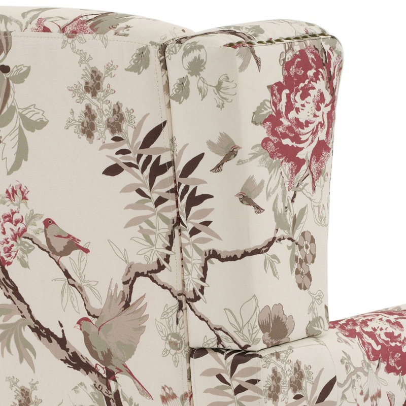 Upholstered Accent Chair, Floral Bird Beige Polyester/Walnut