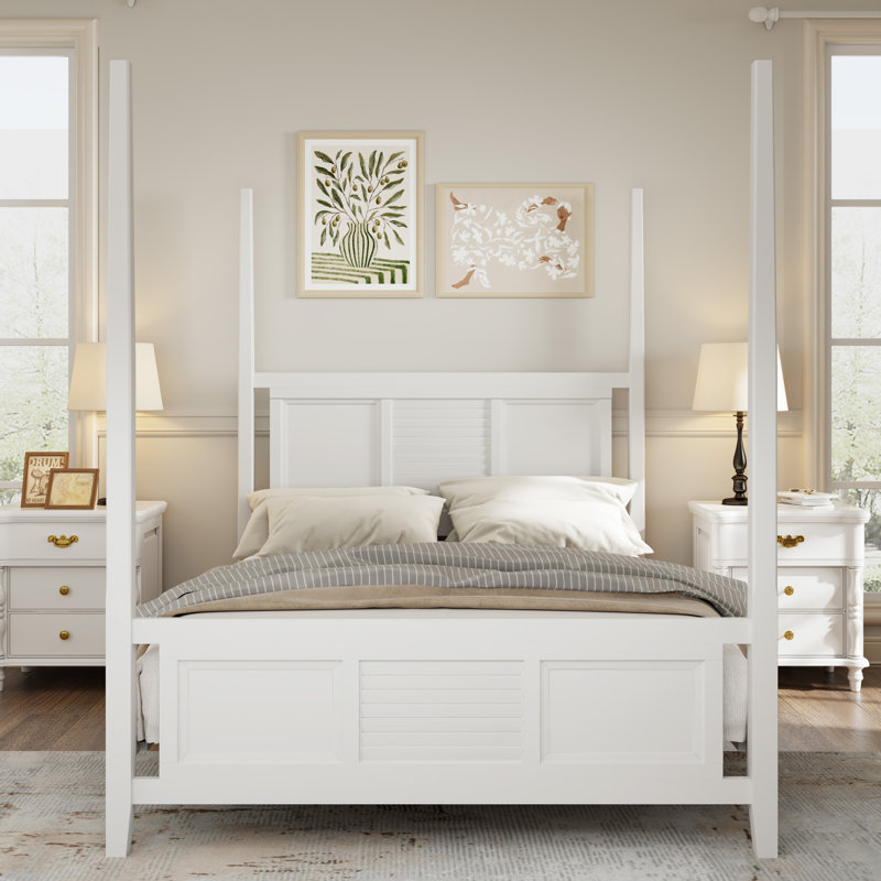 Lit à baldaquin traditionnel en bois massif avec grille horizontale, Blanc, Très grand lit