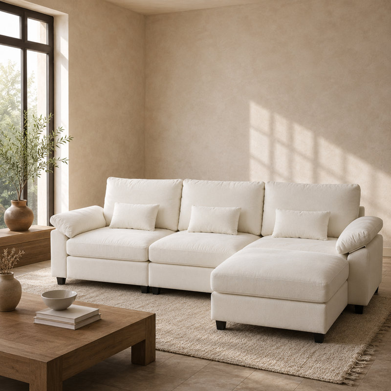 Canapé d'angle trois places en chenille avec méridienne, idéal pour toute la famille et parfait pour le salon., White