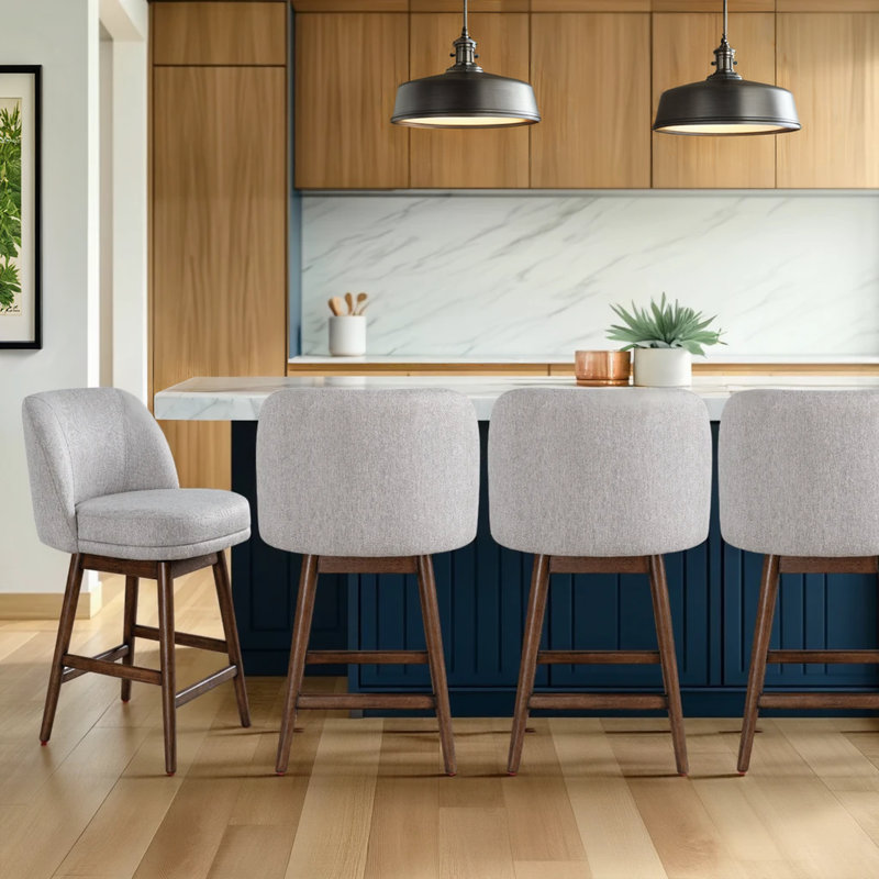 Sadie Solid Wood Upholstered Counter Height Or Bar Height Swivel Barstool With Fabric Seat - Set Of 4, Gray, Brown
