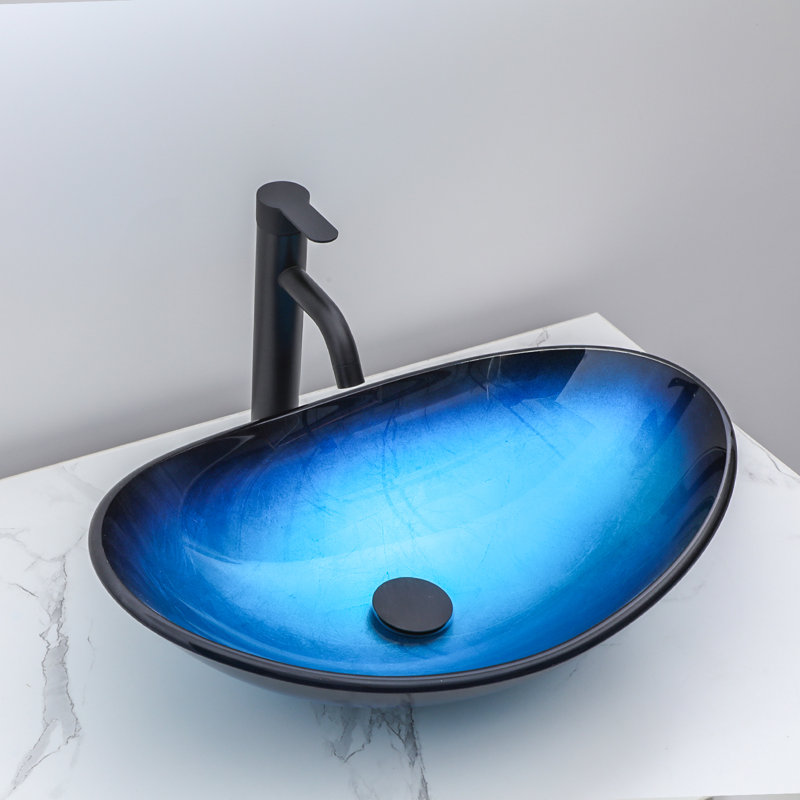 21.5" Glass Oval Vessel Bathroom Sink with Pop-Up Drain, Blue