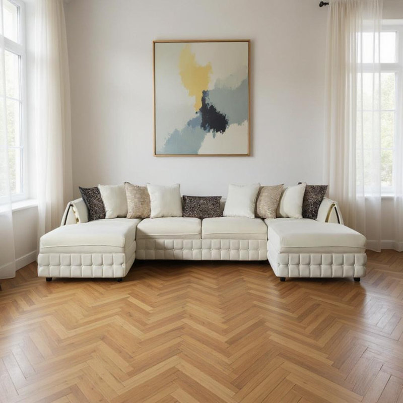 Canapé modulaire et méridienne en velours crème avec coussins décoratifs en U