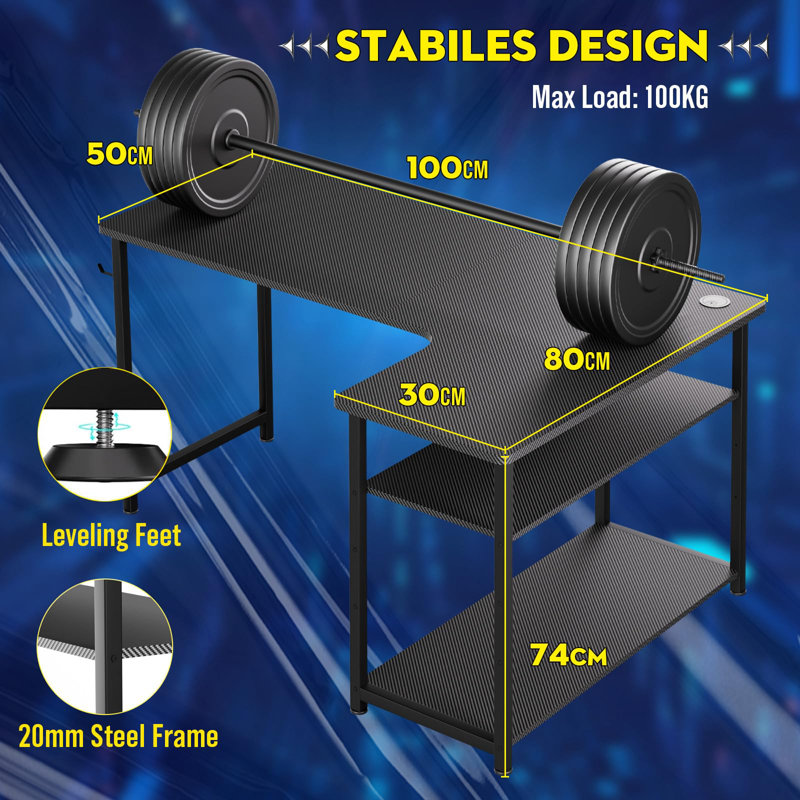Hofstra L-Shaped Metal Base with Power Outlet Desk, 74cm H x 100cm W x 80cm D, Black