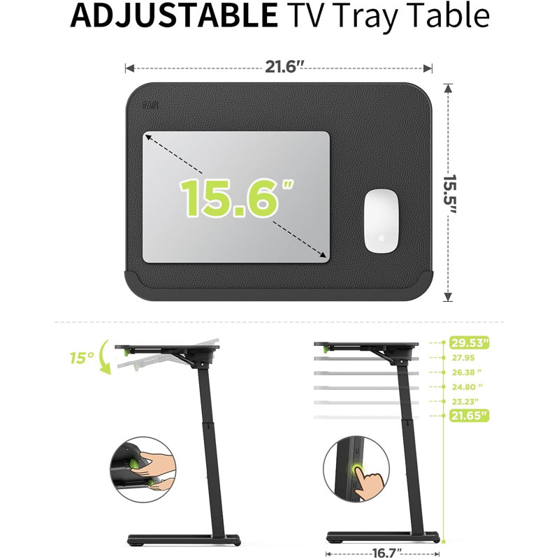 Table à roulettes avec plateau verrouillable avec roulettes verrouillables, bureau latéral pliable en métal robuste à hauteur ajustable et inclinable, table de collation mobile pour manger sur le canapé, le lit, le canapé et le fauteuil inclinable
